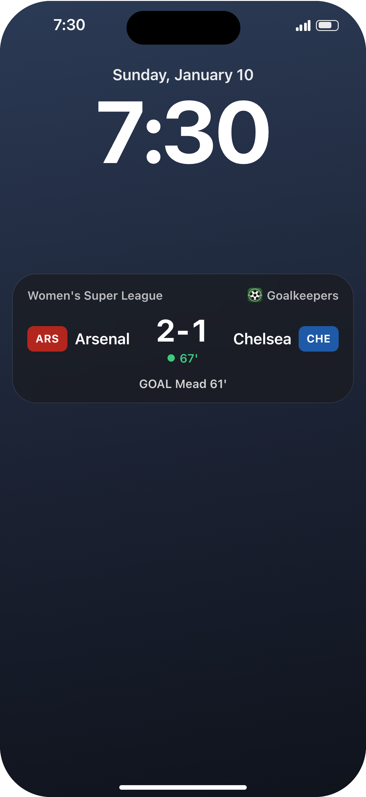 Live Activity on the Lock Screen showing the score, the minute and the last event.