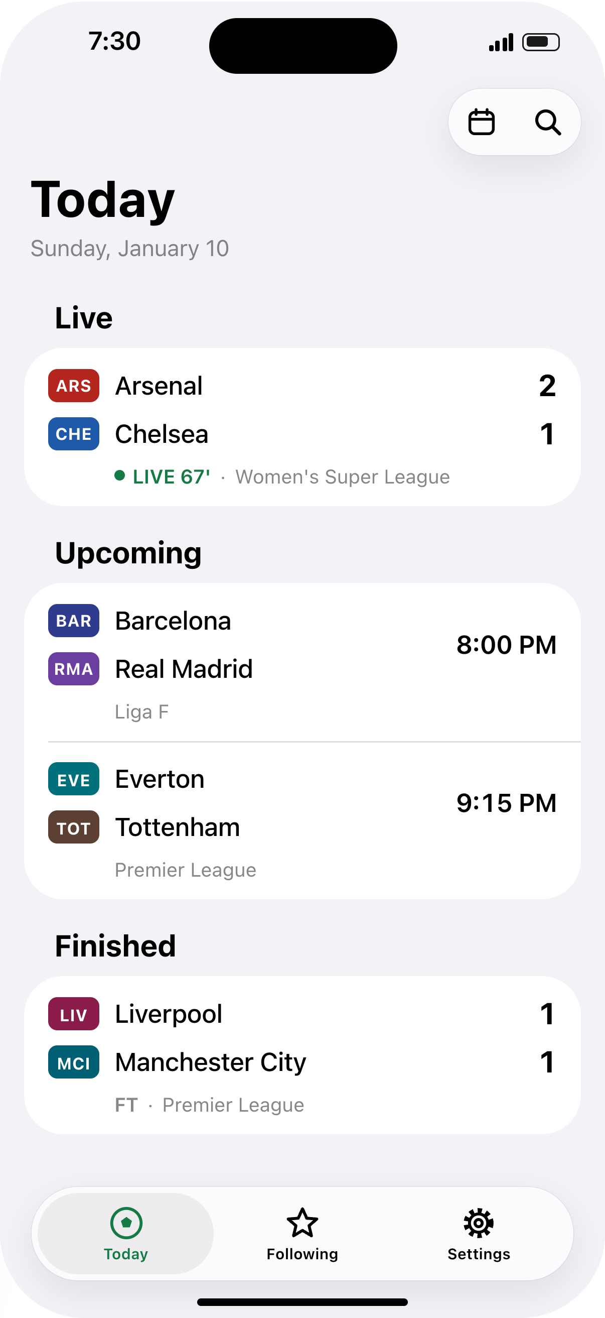 The Today screen: live, upcoming and finished matches for the teams you follow.
